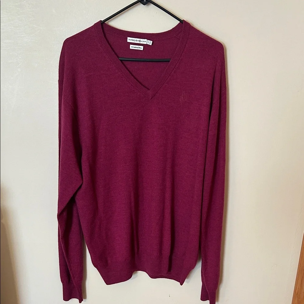 Peter Millar Sweater Men L 100% Merino Wool Red Golf V Neck Pull Over